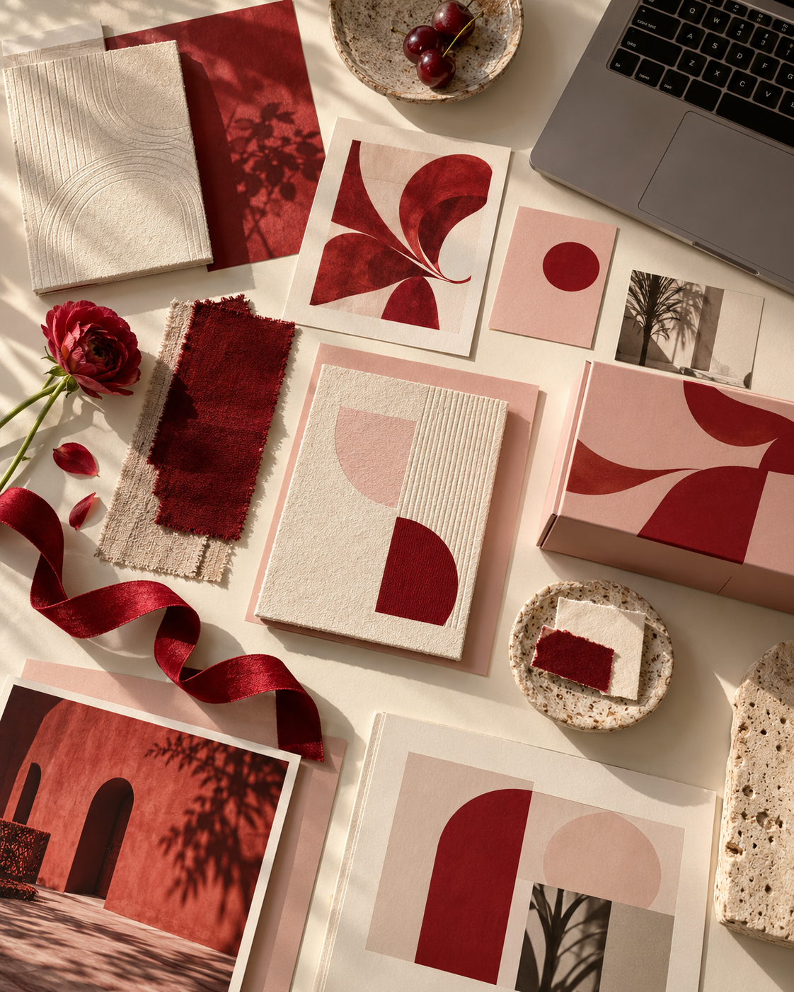 Mesa creativa con papeles, colores y materiales de diseño