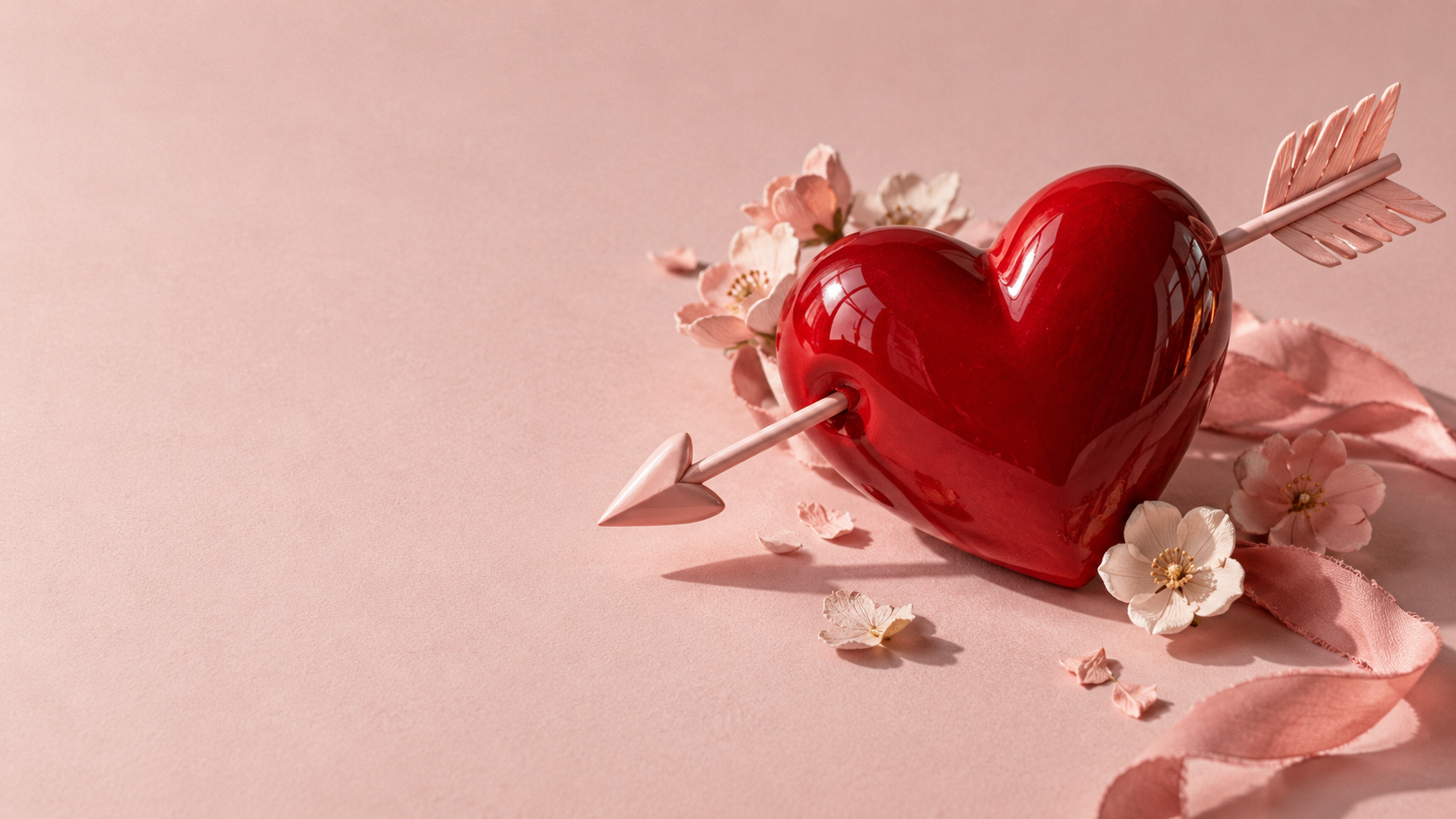 Corazón rojo atravesado por una flecha rosa entre flores